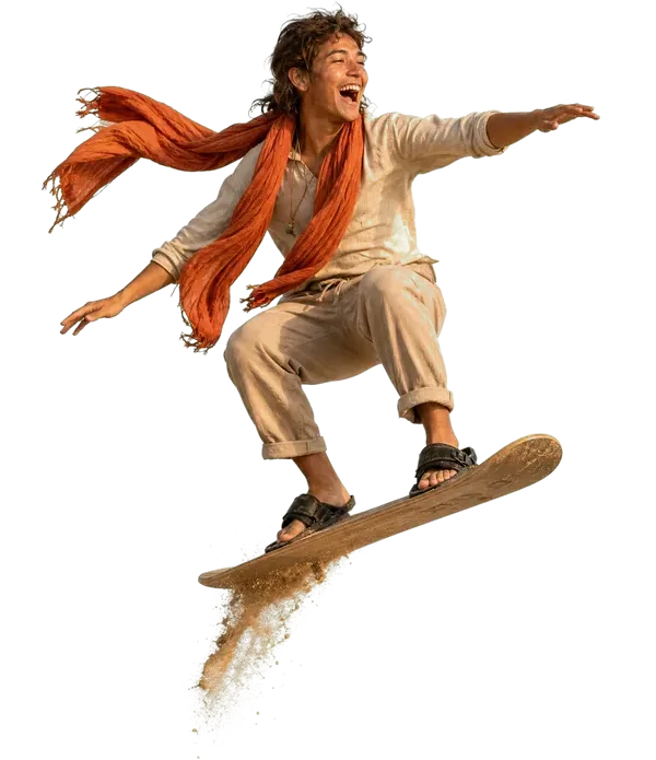 Young man jumping on a sandboard over a dune on a Dubai desert safari